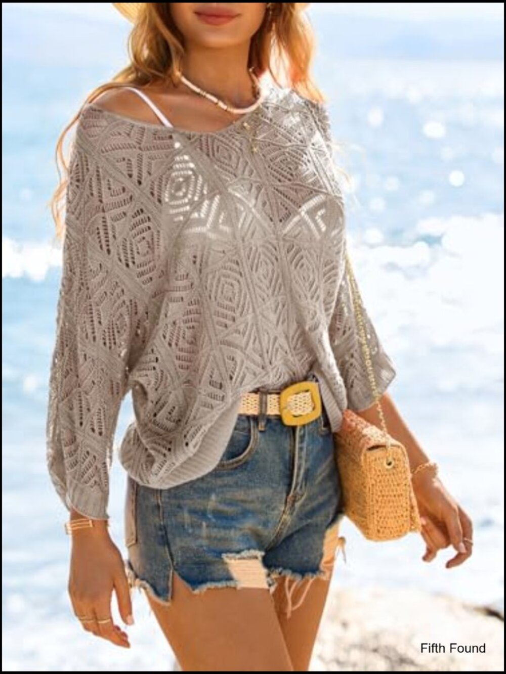Off Shoulder Crochet Mesh Beach Cover Up Top 3/4 Sleeve Boho Swimwear - Picture 4 of 7